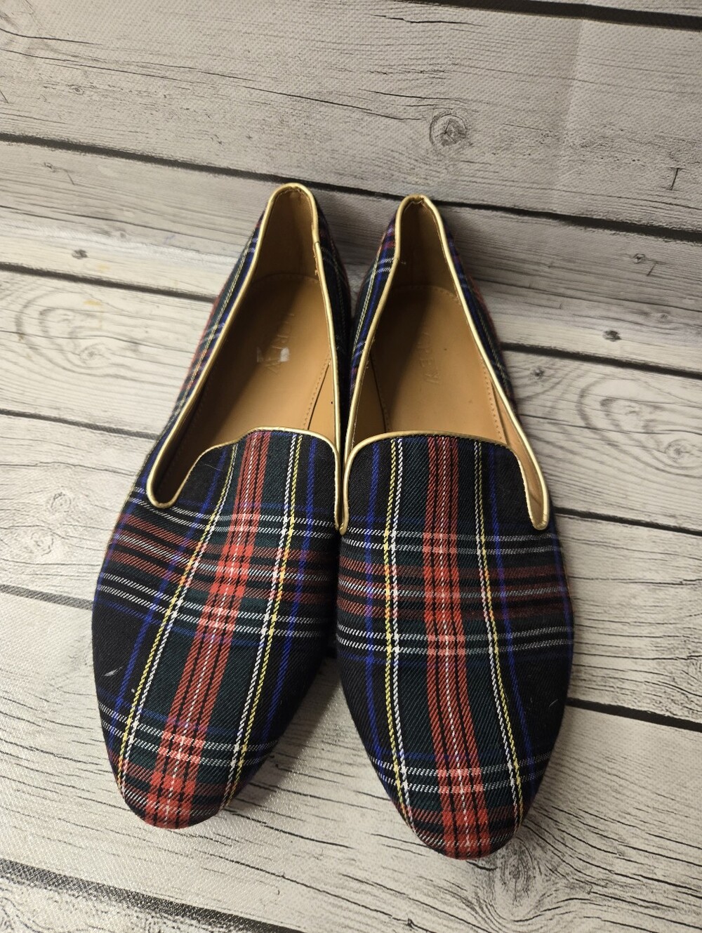 J.Crew Tartan Plaid Smoking Loafers Flats Gold Trim Size 9 - Picture 2 of 6